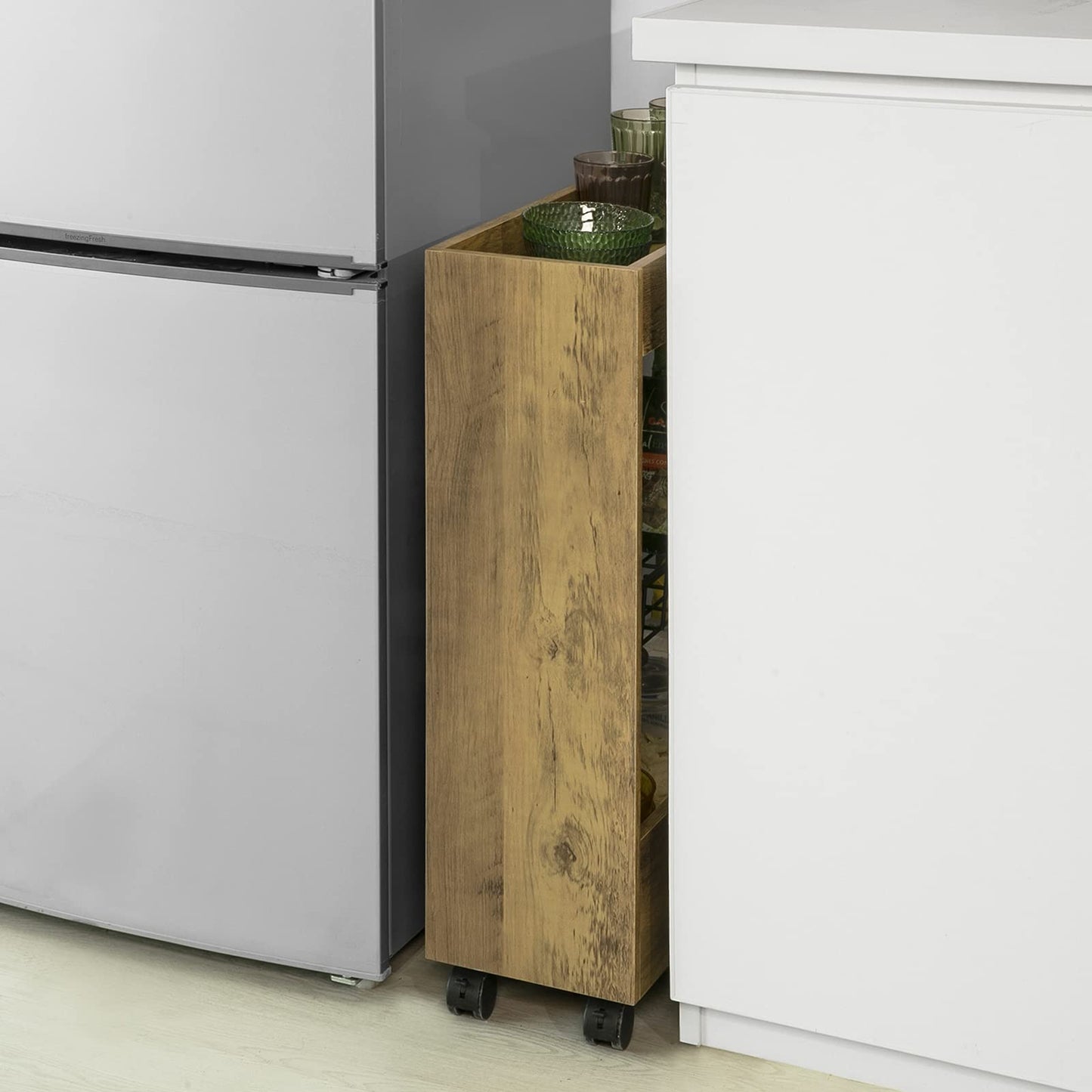 SoBuy BZR46-N Niche shelf with 3 levels Kitchen shelf with wheels Bathroom trolley Bathroom shelf Niche cart Organisation trolley Slim shelf Bathroom furniture Vintage Dimensions approx.: 20x70x60cm
