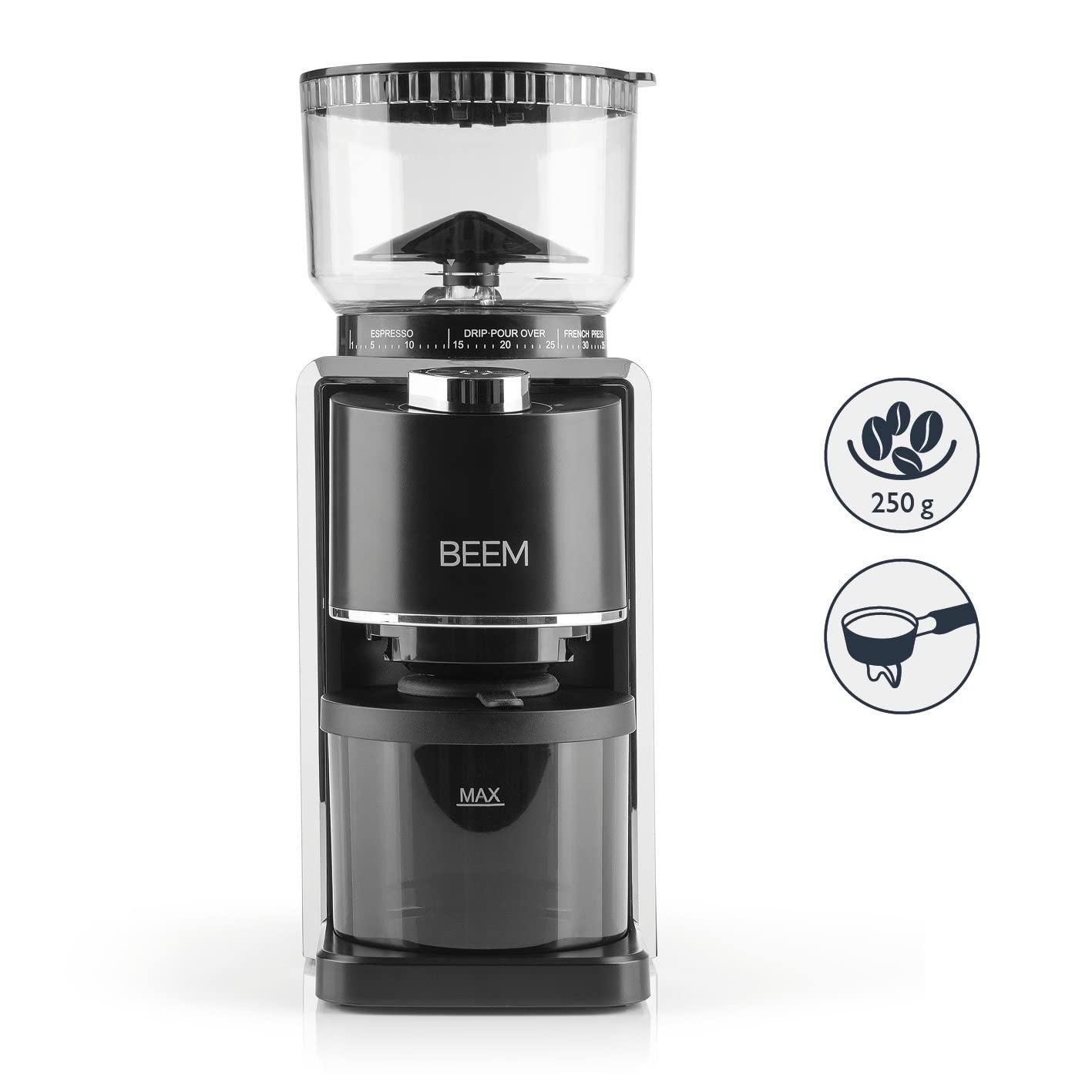 BEEM GRIND-PERFECT Electric Coffee Grinder - 250 g | 35 grind settings, conical burr grinder, adjustable dose with dial (2-12 cups) | Grind directly into portafilter with Ø 52-58 mm