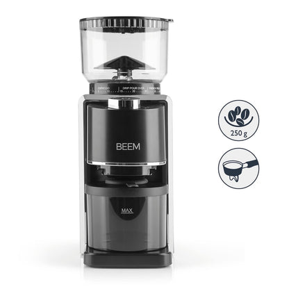 BEEM GRIND-PERFECT Electric Coffee Grinder - 250 g | 35 grind settings, conical burr grinder, adjustable dose with dial (2-12 cups) | Grind directly into portafilter with Ø 52-58 mm
