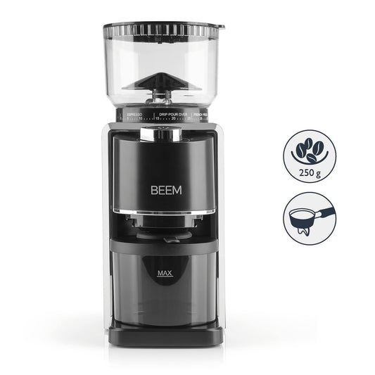 BEEM GRIND-PERFECT Electric Coffee Grinder - 250 g | 35 grind settings, conical burr grinder, adjustable dose with dial (2-12 cups) | Grind directly into portafilter with Ø 52-58 mm