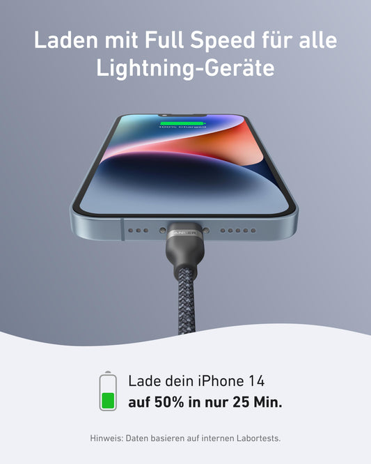 Anchor USB C Lightning Cable, Upcycled Woven USB C to Lightning Cable 180cm, ultra-fast charging cable for iPhone 14/13/12/11 Series and more.