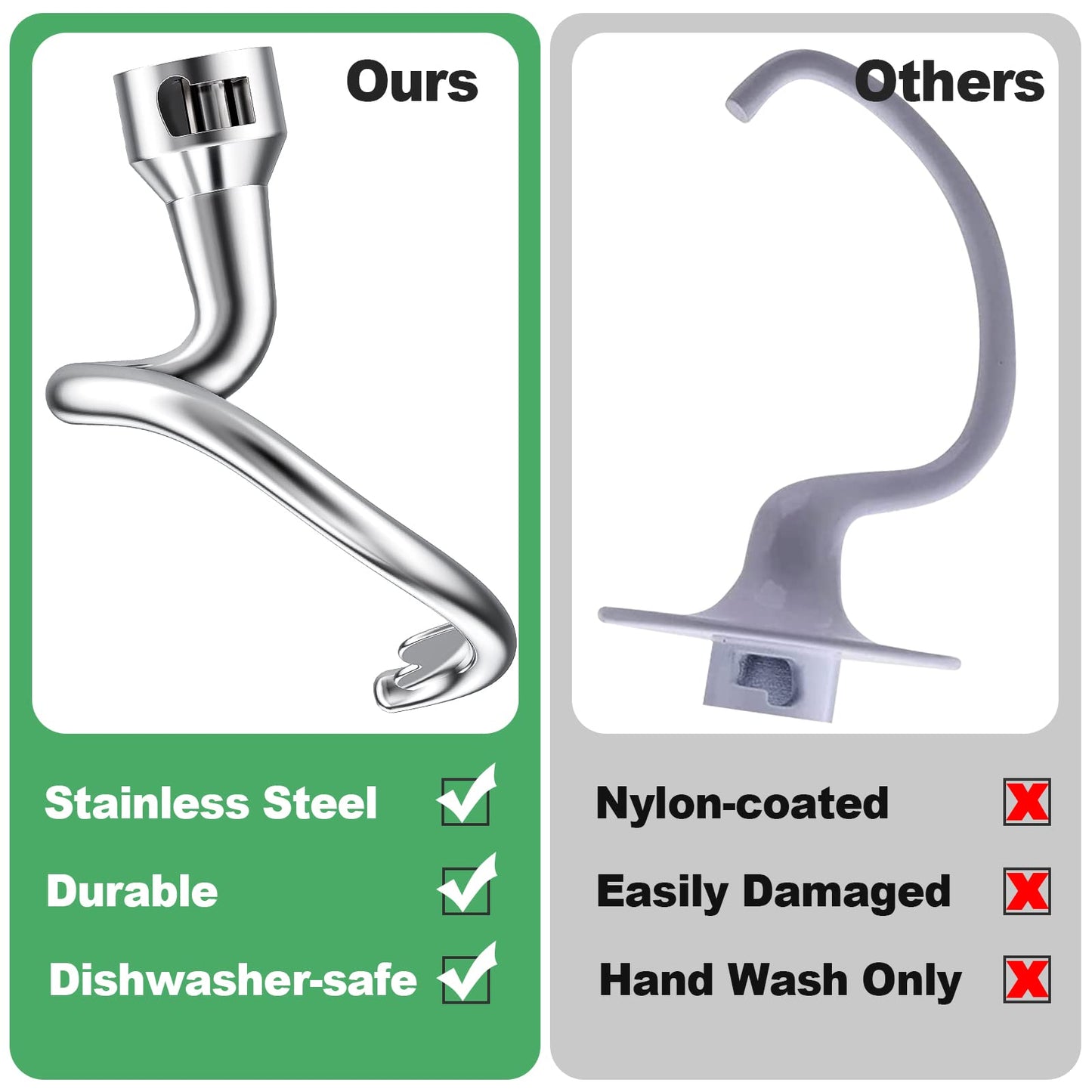 aikeec Stainless Steel Dough Hook for Kitchenaid 4.5/5QT Stand Mixers, Stainless Steel K45DH Dough Hook for Kitchenaid K45 K45SS KSM75 KSM90 KSM95 KSM100 KSM103 KSM110 KSM150 Stand Mixers
