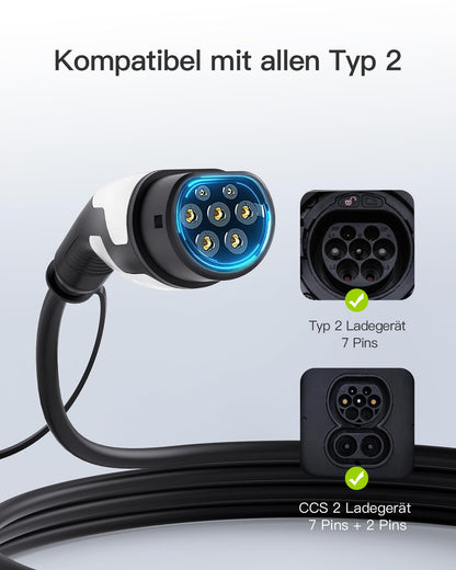 Tomons Type 2 charging cable, 22KW 5M 32A 3-phase, electric vehicle Type 2 for EV/PHEV, Type 2 to Type 2 EV with carrying bag and microfiber cloth for Model S/3/X/Y, ID.3, ID.4.