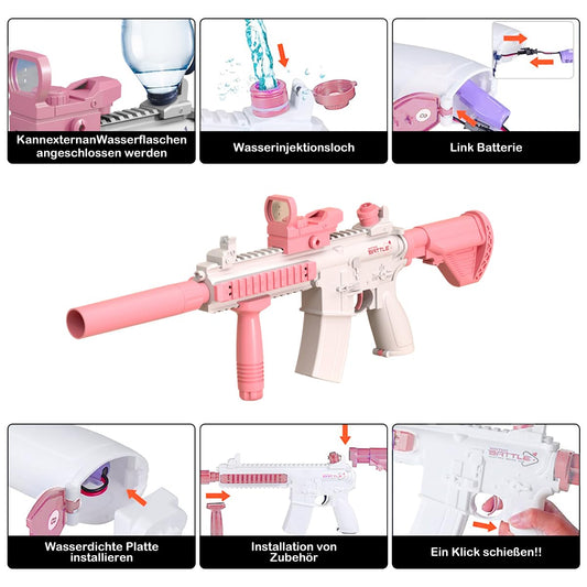 Maxee Electric Water Gun, M416 One-Button Automatic Squirt Gun 26-32 ft with Long Range, Water Toy Guns for Kids Adults Summer Pool Party Beach Outdoor - Pink