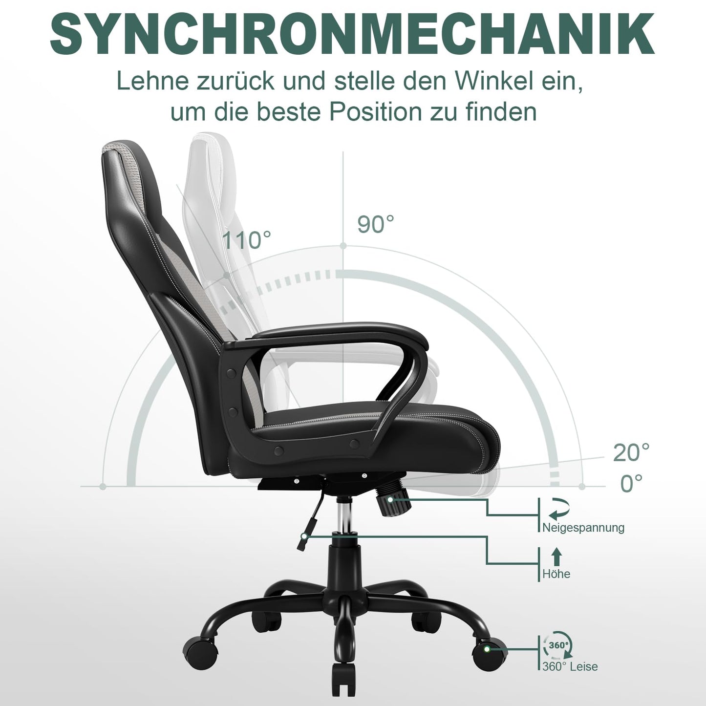 BASETBL Office Chair Ergonomic, Desk Chair, Gaming Chair, Executive Chair, Computer Chair, PC Chair, Swivel Chair, has height adjustment and rocking function, fixed armrest, back-friendly, up to 150kg.