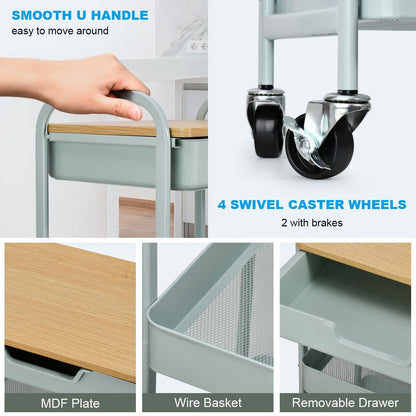 Shrivee 3-tier kitchen cart with table and drawer, multipurpose trolley, metal utility cart, shelf cart for office salon, multipurpose cosmetics, serving cart for kitchen, bathroom, office (light green)