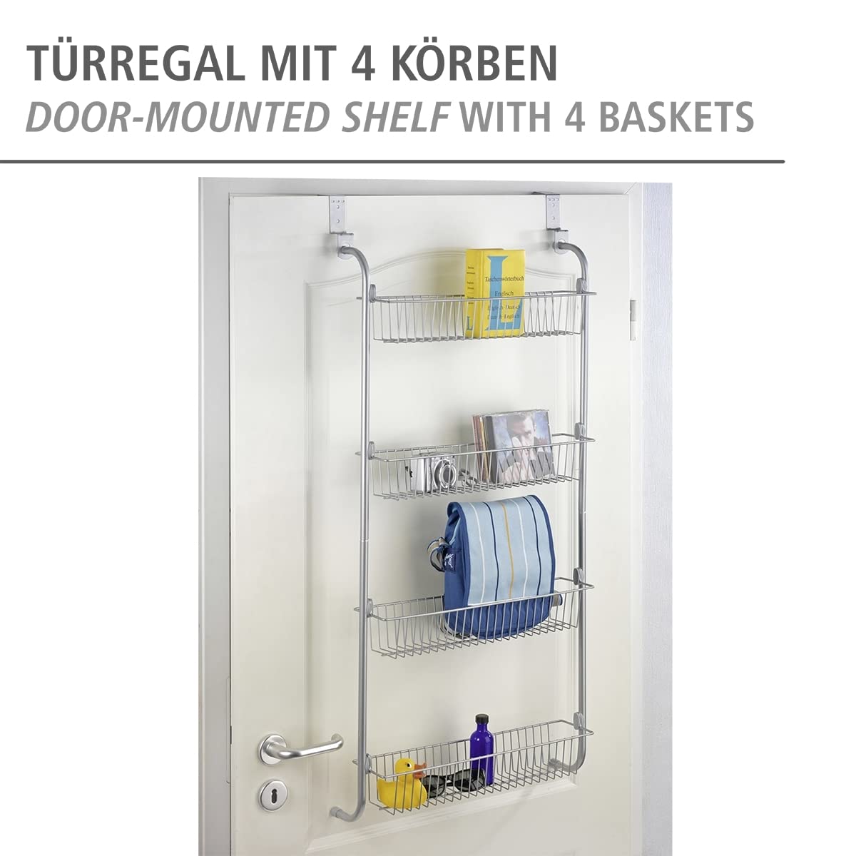 WENKO door rack with 4 baskets, storage and organization, 109 x 14 x 50 cm.