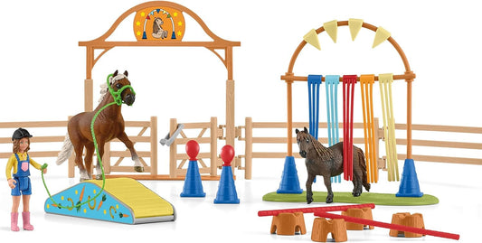 Farm World Pony Agility Starter Set 42481 includes 2 ponies, girl, course & accessories. Combine & kid-friendly designed. Farm toy for kids 3+ years. 41 pieces.