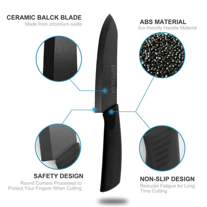 CORESLUX Ceramic Knife Set, 4 Ceramic Kitchen Knives with 1 Peeler, Non-Stick Coating, Sharp, Chef Knife, Ceramic Knife Set for Cutting Fruits Vegetables Meat (Black)