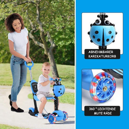 YOLEO 5-in-1 Kids Scooter with Removable Cartoon Basket Seat Push Handle LED Big Wheels Comfortable Backrest Height-Adjustable Handlebars for Toddlers Boys Girls from 2 Years (Blue)