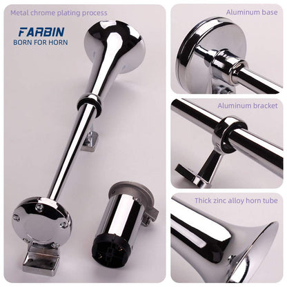 FARBIN 24V 150db Train Air Horn Super Loud 18 Inch Chrome Zinc Single Trumpet Truck Air Horn Kit with Compressor and Wiring Harness for All 24V Vehicles (24V, Single Tube Air Horn)