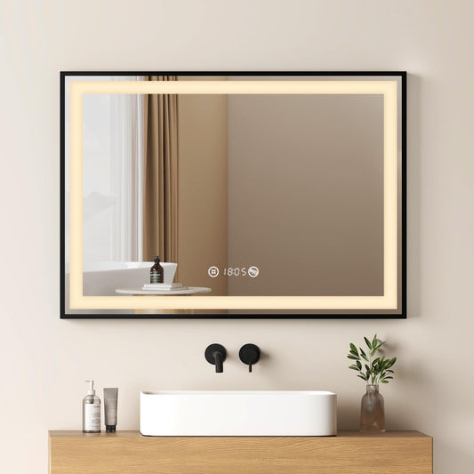 EMKE bathroom mirror with lighting 70x50cm, black mirror with touch control, dimmable, anti-fog, clock, memory function and neutral light 4300K, energy-saving wall mirror IP44