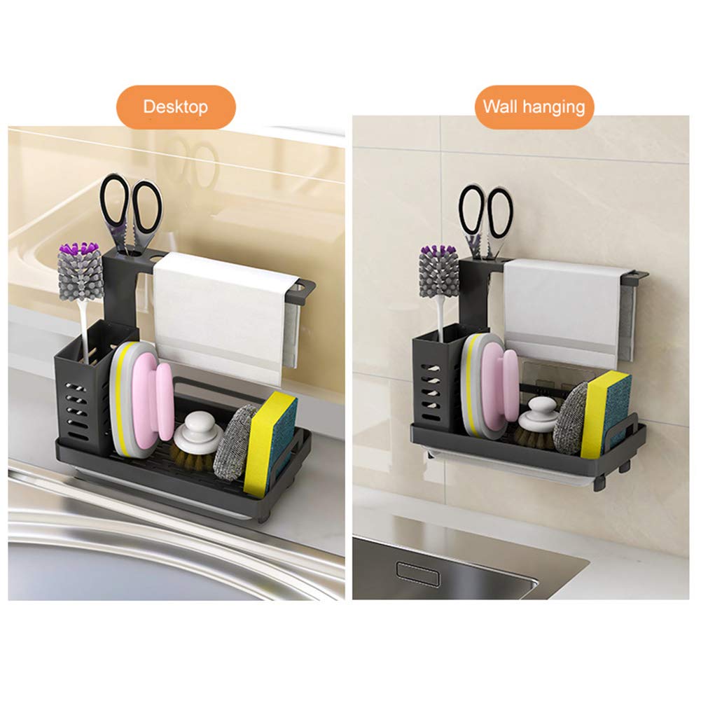 Shunfaji Sink Organizer Stainless Steel Utensil Basket for Kitchen & Bathroom with Drain Pan, Adhesive Countertop Dual-Use Sponge Brush Soap Dish Holder