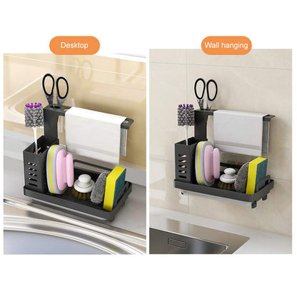 Shunfaji Sink Organizer Stainless Steel Utensil Basket for Kitchen & Bathroom with Drain Pan, Adhesive Countertop Dual-Use Sponge Brush Soap Dish Holder