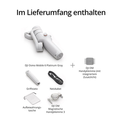 DJI Osmo Mobile 6 Fill Light Combo, 3-axis smartphone gimbal, integrated extension pole, portable & foldable, Android & iPhone gimbal, object tracking, additional light phone clamp, Platinum Grey