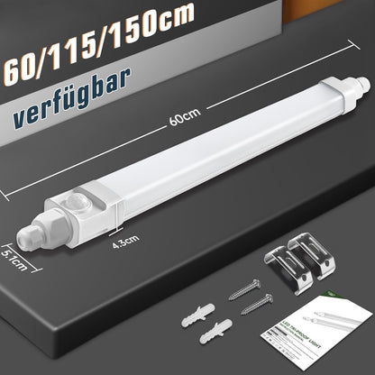 Surface-mounted LED moisture-proof luminaire 60cm with motion sensor, 18W 1800LM 4000K LED ceiling light sensor tube, linkable LED batten luminaire workshop lamp waterproof IP65 for garage balcony basement hallway staircase.