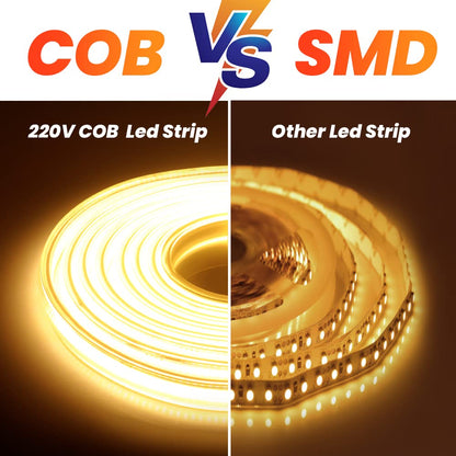 KISUFU 220V Dimmable COB LED Strip 15m, 360 LEDs/m Warm White 3000K LED Strip CRI≥90, Waterproof High Density Flexible Super Bright COB LED Light Strip for Bedroom, Kitchen, DIY Interior Decoration