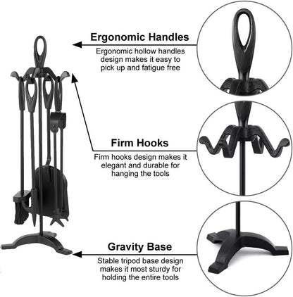 Amagabeli 25.2”(64cm) 5-piece Fireplace Tools Set Wrought Iron and Interior Fireplace Accessories Wood Holder Fireplace Stand Fire Tongs Shovel Antique Brush Chimney Poker Wood Stove (Black)