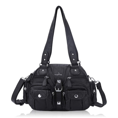 Angel Kiss women's handbag, shoulder bag, made of soft leather with zipper, elegant tote bag with 2 main compartments for office, school, shopping. Black.