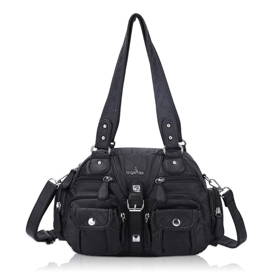Angel Kiss women's handbag, shoulder bag, made of soft leather with zipper, elegant tote bag with 2 main compartments for office, school, shopping. Black.
