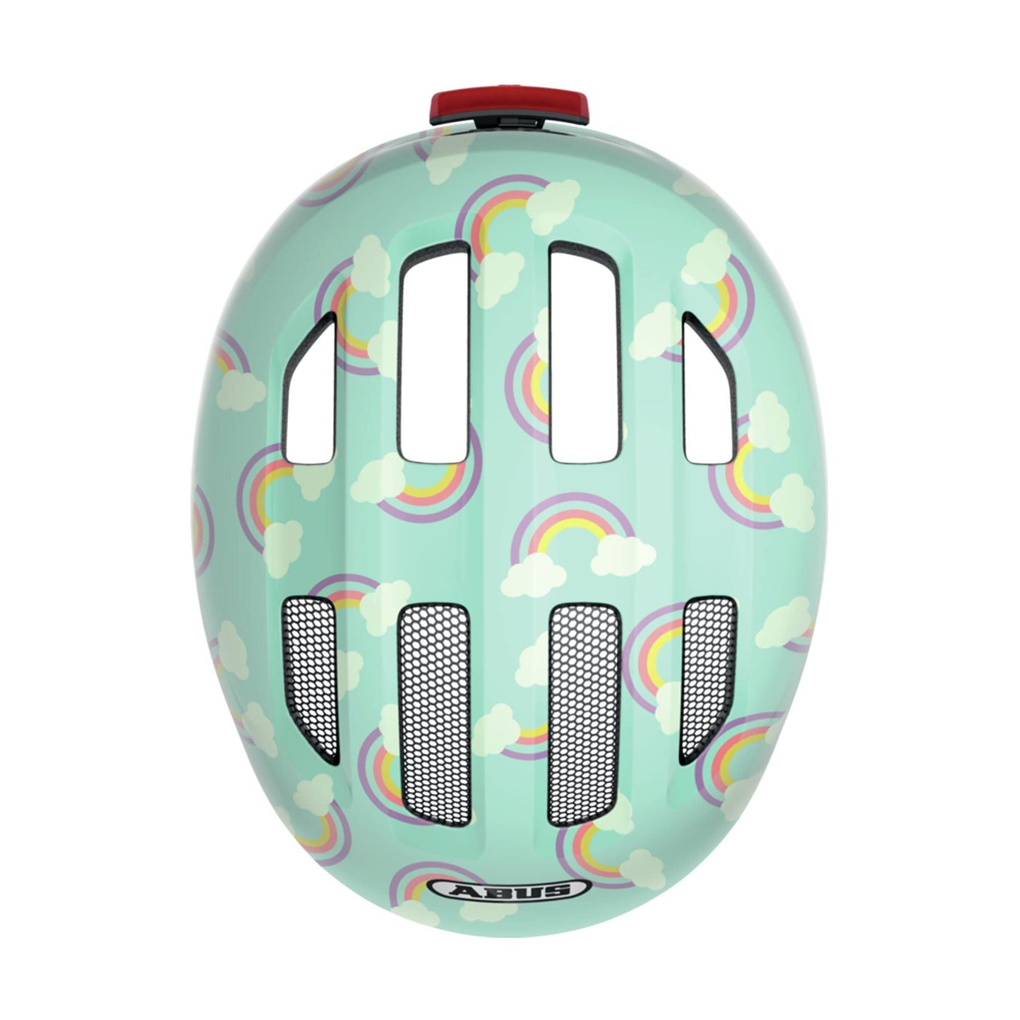 ABUS Children's Helmet Smiley 3.0 LED - bike helmet with light - deep fit & space for a ponytail - for girls and boys - Light blue with rainbow pattern, size M