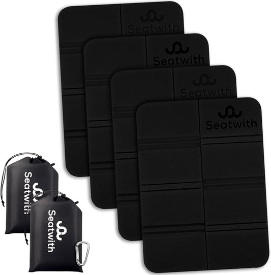 4-piece set of outdoor seat mats/foldable insulated seat cushions with carrying bag and carabiner clips for easy attachment to backpack maximum protection against cold, wetness & dirt + outdoor E-Book