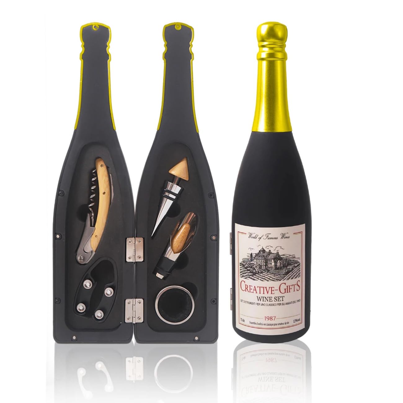 ZBPASL Wine Bottle Shaped Corkscrew Set, Wine Opener, Wine Sommelier Sets with Bottle Opener, Wine Stoppers, Wine Accessories Gift Set (Black 01)