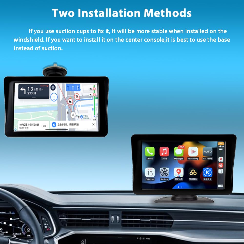 Sunweyer Wireless Carplay & Android Auto Screen, portable car radio, 7-inch IPS touchscreen display, supports 1080p backup camera & Bluetooth/AUX/FM transmitter.