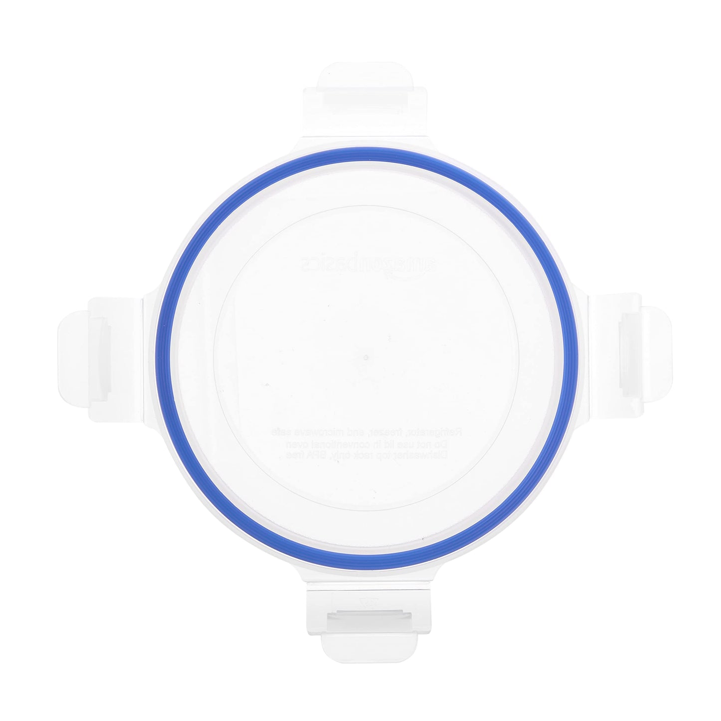 Amazon Basics leak-proof glass containers with locking lids, 20-piece set including 10 containers and 10 plastic lids, transparent, blue, BPA-free.