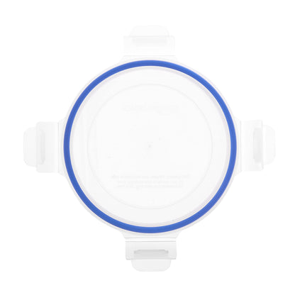 Amazon Basics leak-proof glass containers with locking lids, 20-piece set including 10 containers and 10 plastic lids, transparent, blue, BPA-free.