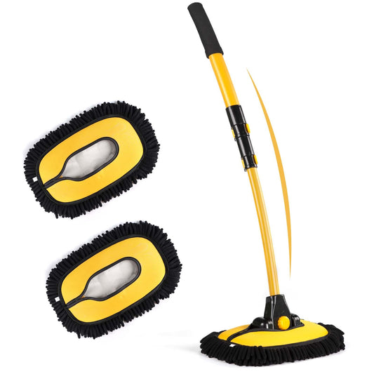 Innhom 15° Curve Car Wash Brush Telescopic Wash Brush, Wash brush with telescopic handle, Car wash brush with handle Long handle for cars, RV, SUV, truck, with 2 x mop heads (Yellow (Mop with 2 heads))