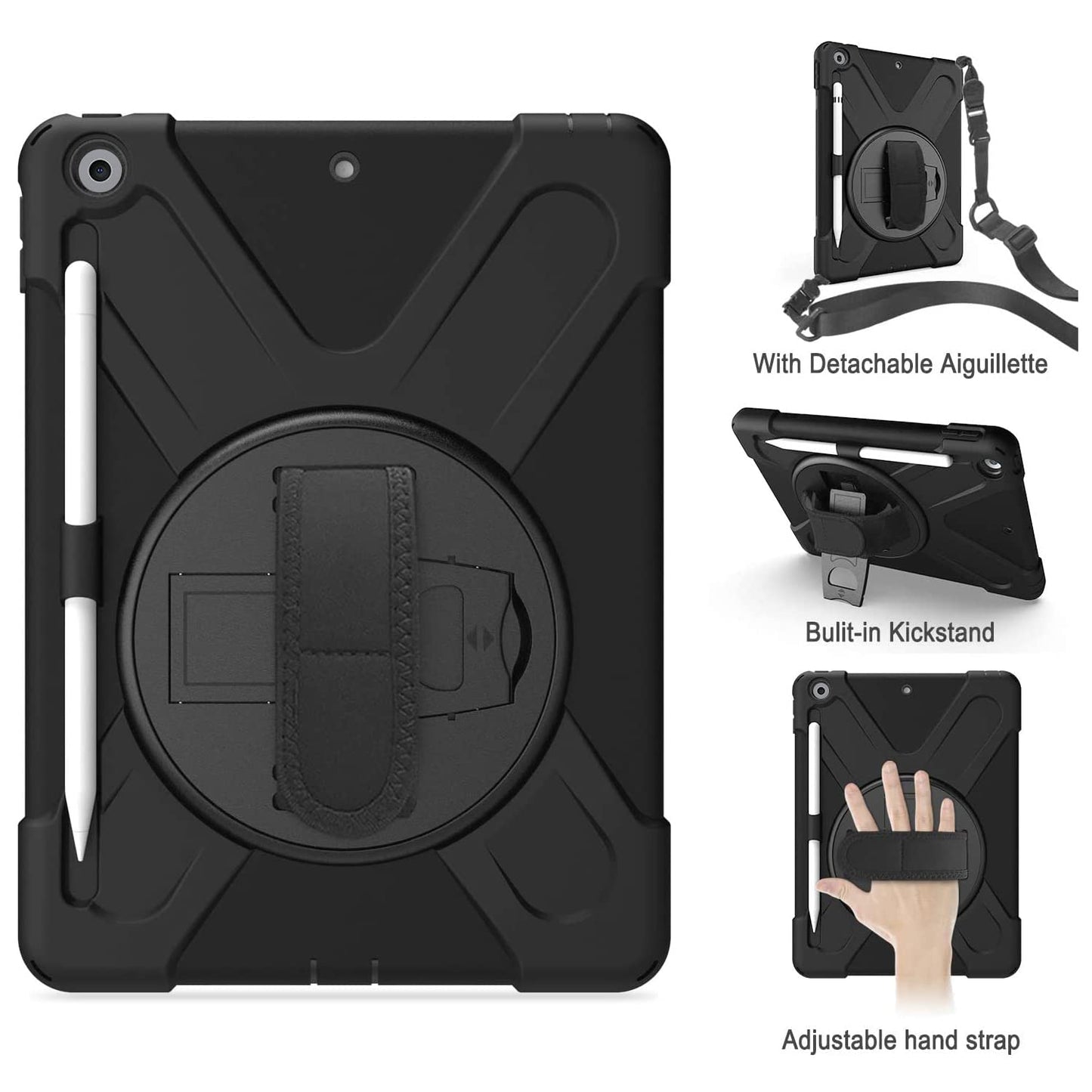 Gerutek case for iPad 9th/8th/7th Generation 10.2 Inch, Shockproof Tough Protective Case with 360° Rotating Stand Pencil Holder Hand Strap Shoulder Strap, Armor Case for iPad 10.2" 2021/2020/2019, Black