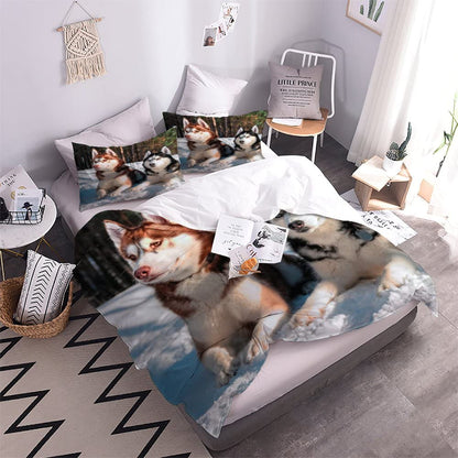 Bedding 135×200 3D Digital Print 2-piece Husky Dog Bedding Sets Children Microfiber with Zipper Animal Pattern Soft Boys Girls Bedding Duvet Cover with Pillowcase 80x80 cm