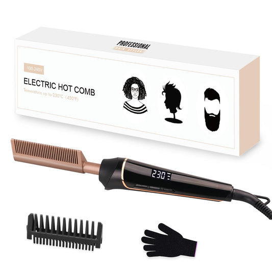 80°C-230°C Hot Comb for Afro hair/Lace wigs/Beard, janelove Ceramic Straightening Comb with HD LCD Display, Quick Heating Hair Straightener Brush/Beard Straightening Comb for Men