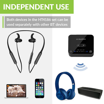 Avantree HT4186 Wireless Neckband Headphones for TV, PC with Bluetooth Transmitter (Optical, RCA, AUX). Plug & Play, No Delay, Great for Seniors.