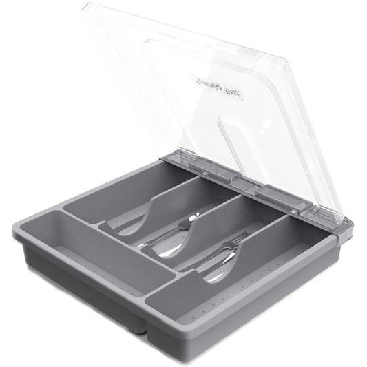 HIMAugbo cutlery box with lid, cutlery box for camping, plastic cutlery storage sorting tray for countertop/travel/kitchen board 30 x 30 x 7 cm, gray