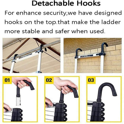 5m/16.5ft telescopic folding ladders made of aluminum EN131 certified. Multipurpose step ladder telescopic extension ladder portable aluminum ladder Max. load 150kg/330lb with removable hook.