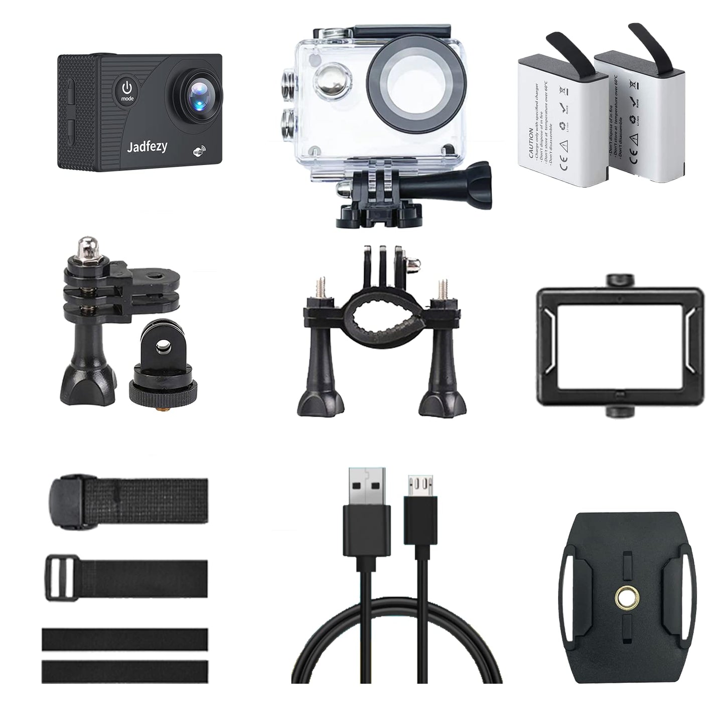 Jadfezy WiFi Action Cam HD 1080P, 12MP Action Camera Wide Angle 2" LCD Screen, Waterproof Underwater Camera up to 30m/98FT with 2×1050mAh Batteries and accessory Kit for helmet and bicycle etc.