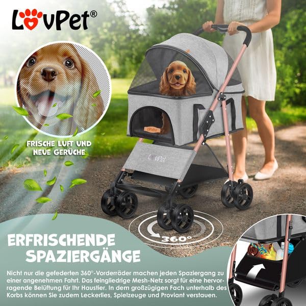 LOVPET® Dog Stroller 2in1 Dog Cart Dog Crate, Transport Bag Foldable and collapsible up to 20kg Pets Buggy with Mesh Windows, Cup Holder, Rain Cover Jogger Buggy for Pets