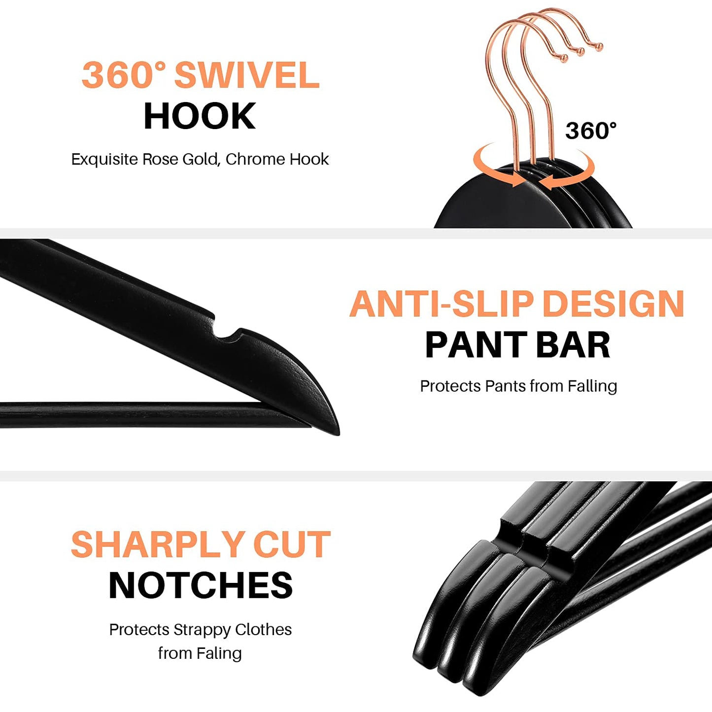 HOUSE DAY Wooden Hangers, 20 Pack Wood Hangers, Black Suit Hangers, 360° Swivel Hook in Rose Gold, Non-Slip, Shoulder Notches.