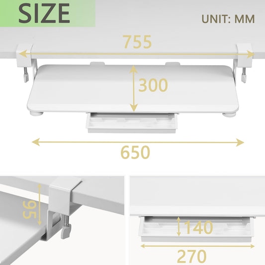 ETHU Keyboard Tray, Keyboard Drawer 65x30 cm with C-Clamp Mount, Under Desk Retractable, Ergonomic Keyboard Slide-Out for Home & Office, Easy to Install (White)