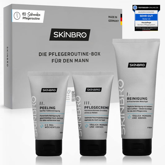 SKINBRO Men's Skincare Set | Made in Germany | 3-piece skincare set for men - cleansing, exfoliating, and face cream with caffeine | Vegan | Ideal gift for men | Cleanser, care, & moisturizer