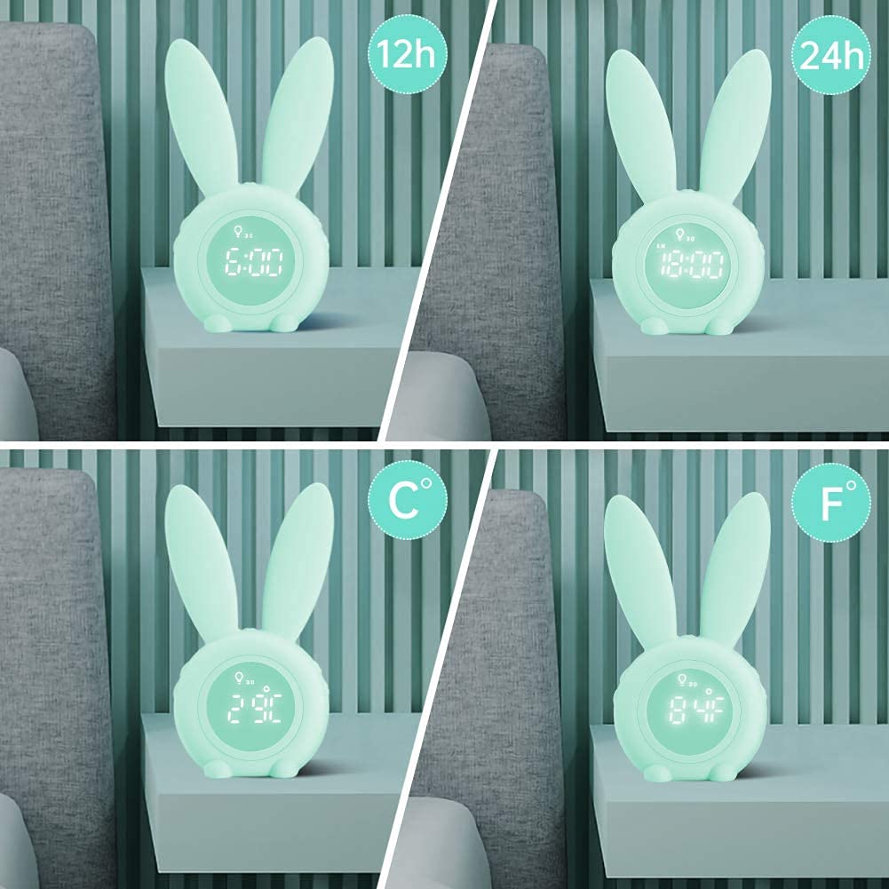YONGYAO Kids Light Alarm Clock with Night Light, Cute Rabbit Children's Alarm Clock, 2 Alarms, Snooze and Timer, Adjustable Volume, Alarm Clock for Girls Boys