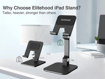 Elitehood Adjustable Aluminum iPad Stand, Adjustable Tablet Holder for Table, Foldable Tablet Stand for iPad Pro 12.9, Air, Mini, Galaxy Tab up to 4-1 Inch - Black