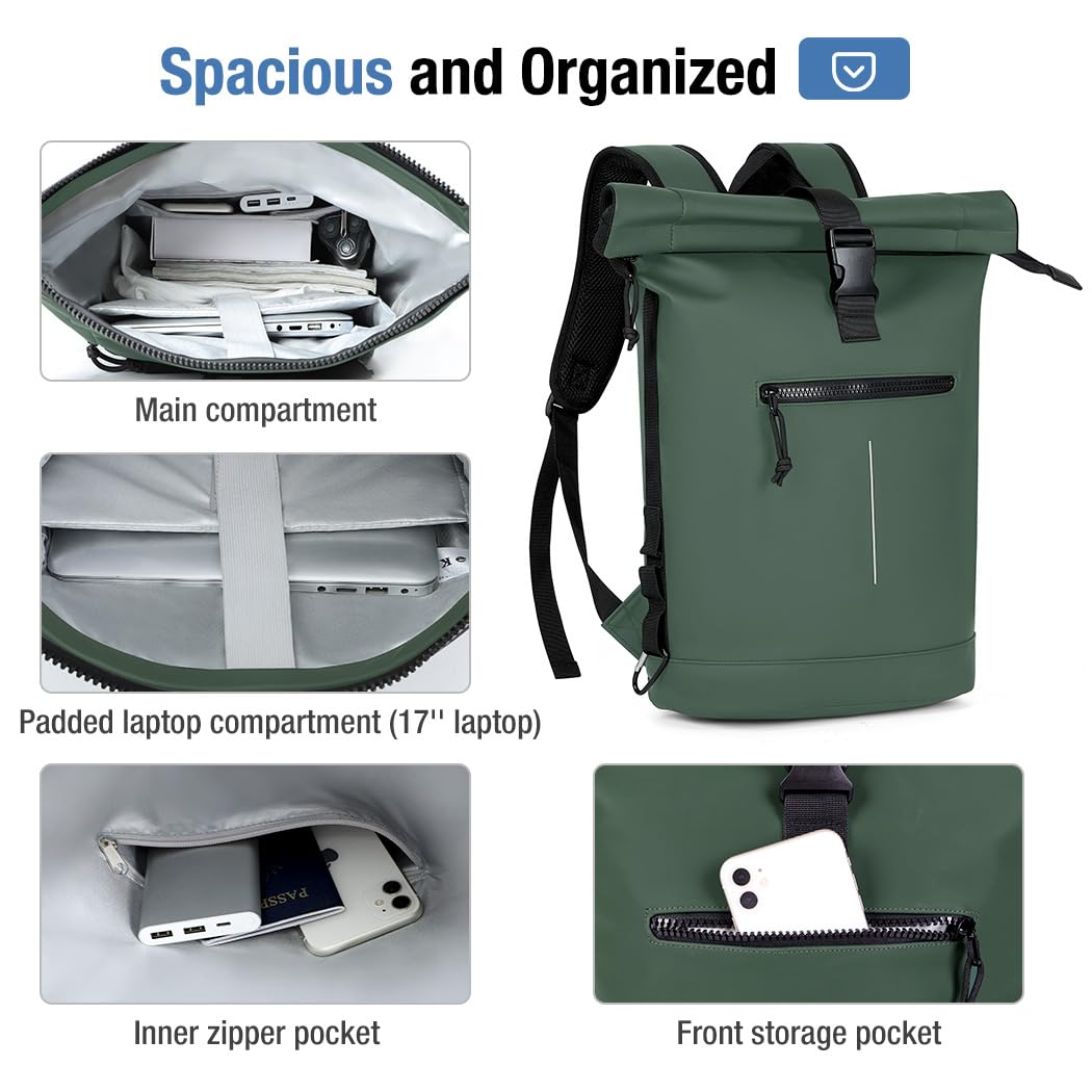 Lekeinchi Rolltop Backpack Waterproof for Women & Men, Large Laptop Backpack with Compartment for 17 Inch Laptop, Elegant Travel Daypack for Travel, Cycling, Uni School, Work-Green.