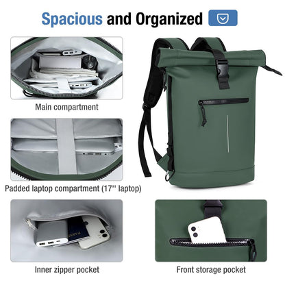 Lekeinchi Rolltop Backpack Waterproof for Women & Men, Large Laptop Backpack with Compartment for 17 Inch Laptop, Elegant Travel Daypack for Travel, Cycling, Uni School, Work-Green.