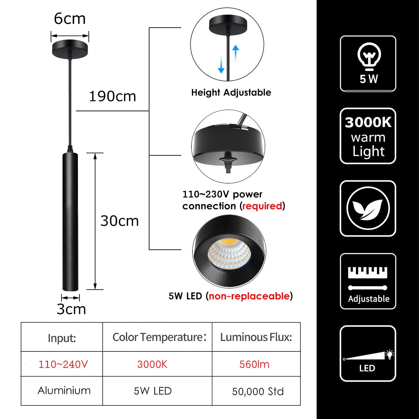 ACMHNC LED Pendant Light Black, Cylinder Hanging Lamp for Bedroom Dining Table Nightstand, 5W Adjustable Height Pendant Light, 110-230V, Warm White 3000K, 30cm
