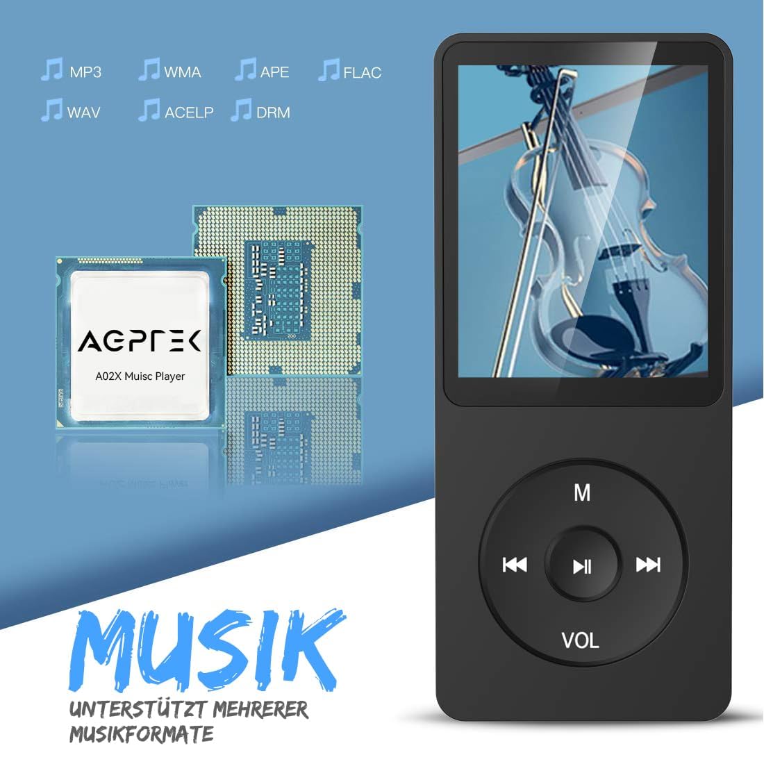 AGPTEK MP3 Player 32GB with Speaker, 70 Hours Battery Life Small and classic sports MP3 player with 1.8-inch screen, FM radio, recording (No Bluetooth), TF card up to 128GB, Black