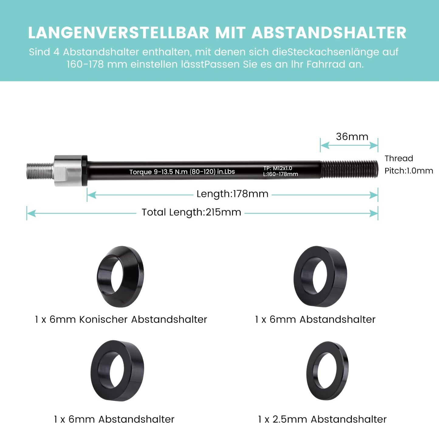 Quick-release axle adapter M12 x 1.0-160-178 mm quick-release axle with bicycle axle adapter, adjustable shaft length, compatible with most bike trailer couplings.