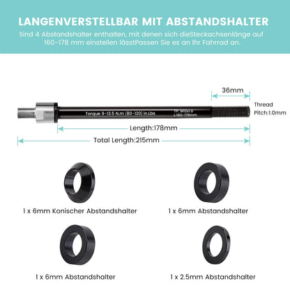 Quick-release axle adapter M12 x 1.0-160-178 mm quick-release axle with bicycle axle adapter, adjustable shaft length, compatible with most bike trailer couplings.